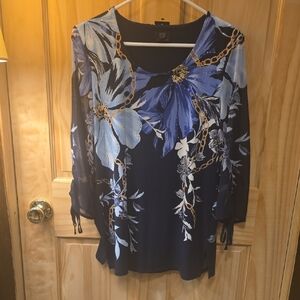 JM Collection Blue Floral Chain Print Blouse